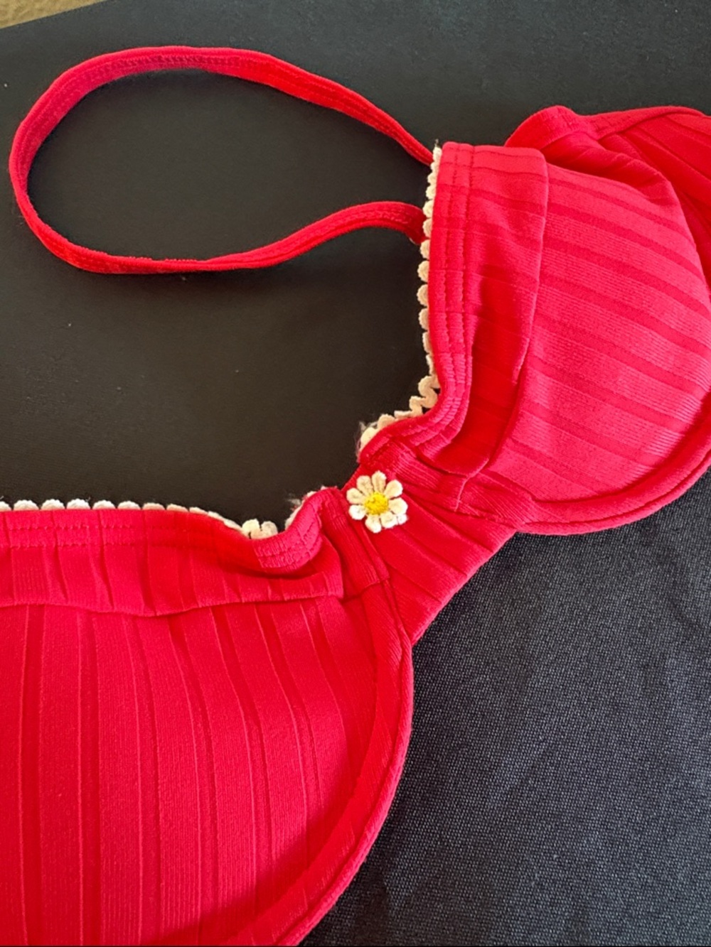 Red Women's Ribbed Bikini Set with Daisy Accent - Picture 6 of 6